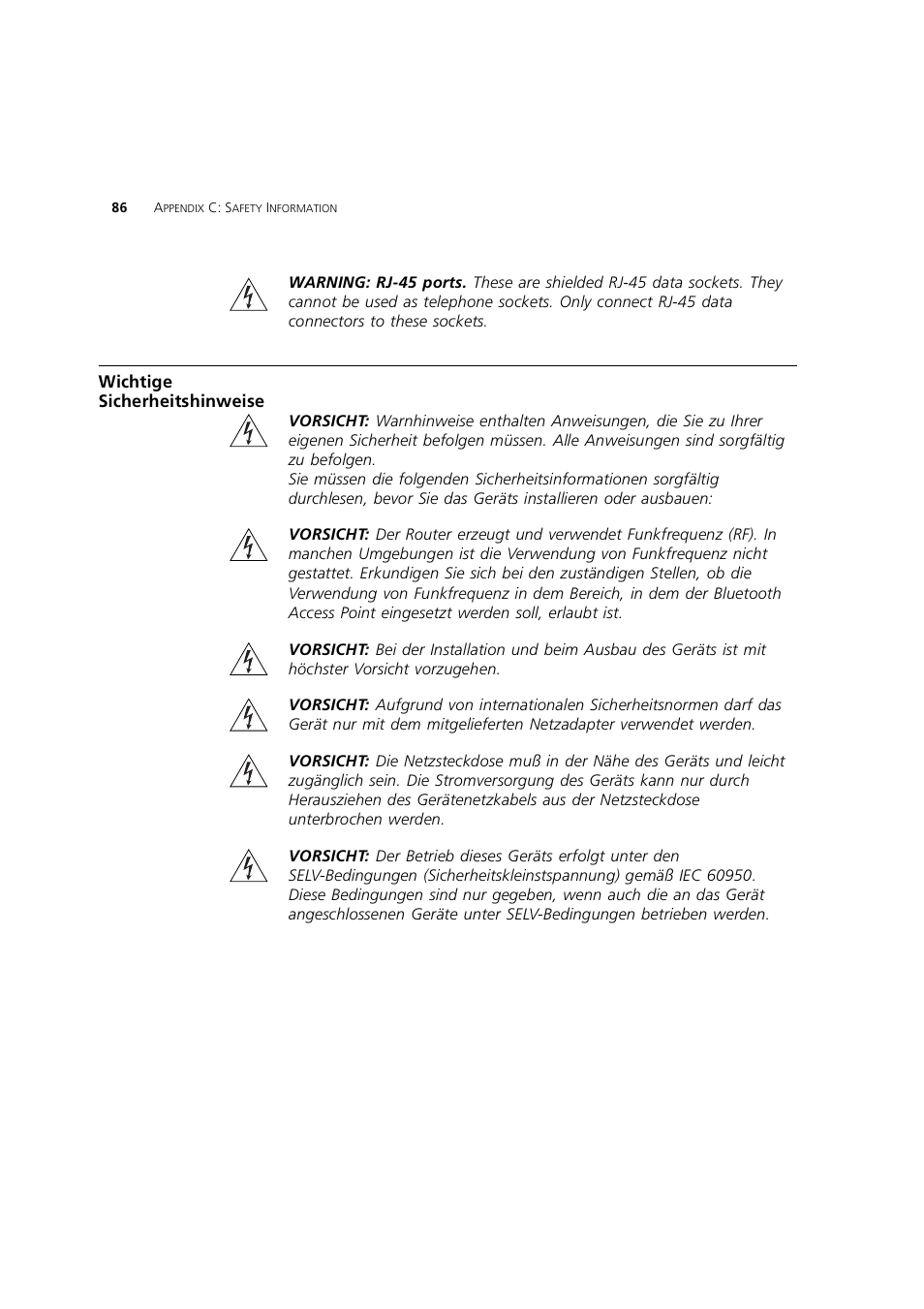 Wichtige sicherheitshinweise | 3Com 3CRWE754G72-A User Manual | Page 86 / 110