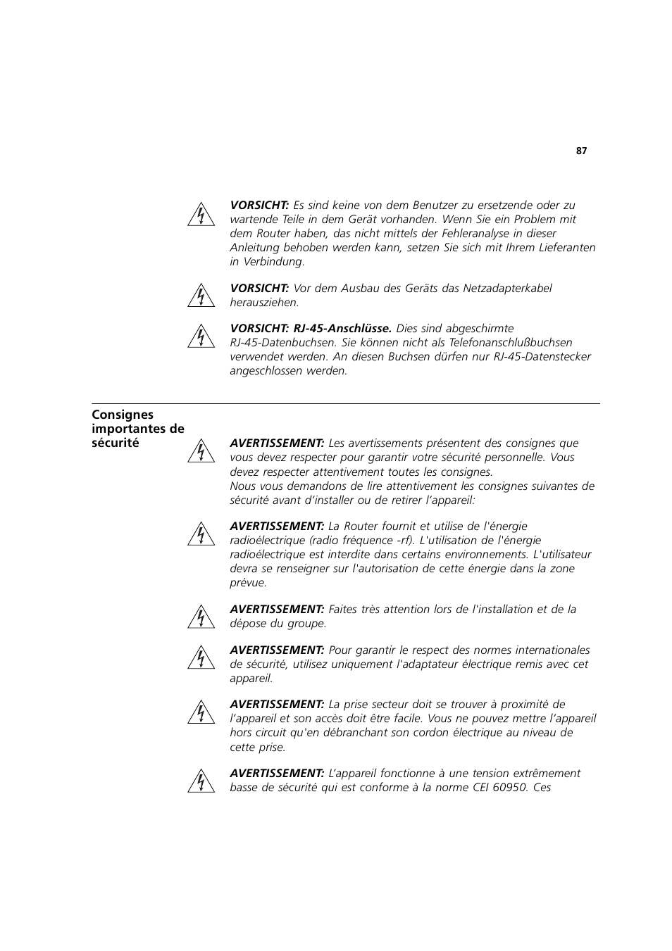 Consignes, Importantes de sécurité | 3Com 3CRWE754G72-A User Manual | Page 87 / 110