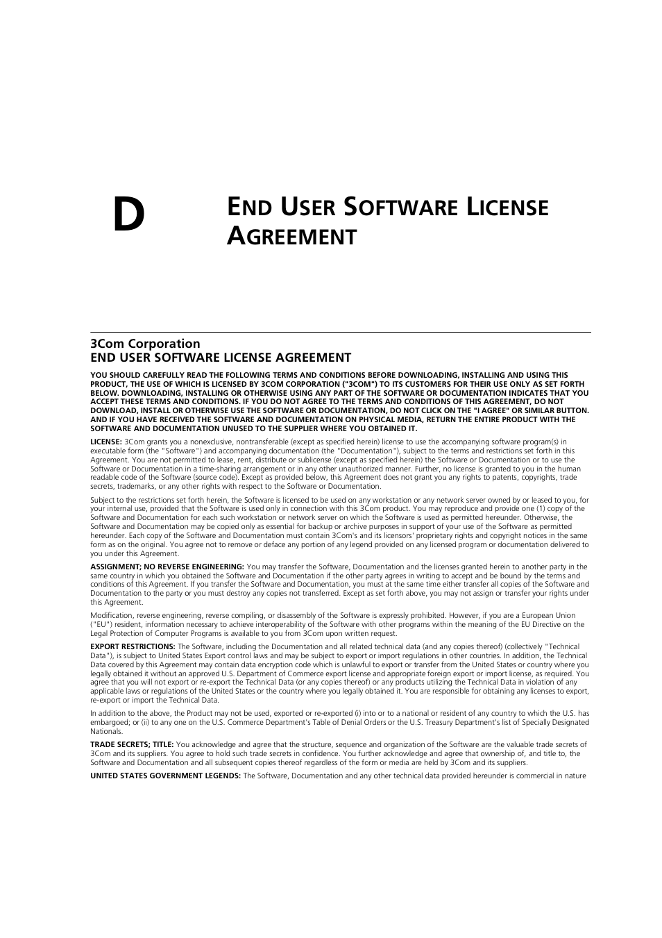 End user software license agreement, Oftware, Icense | Greement | 3Com 3CRWE754G72-A User Manual | Page 89 / 110