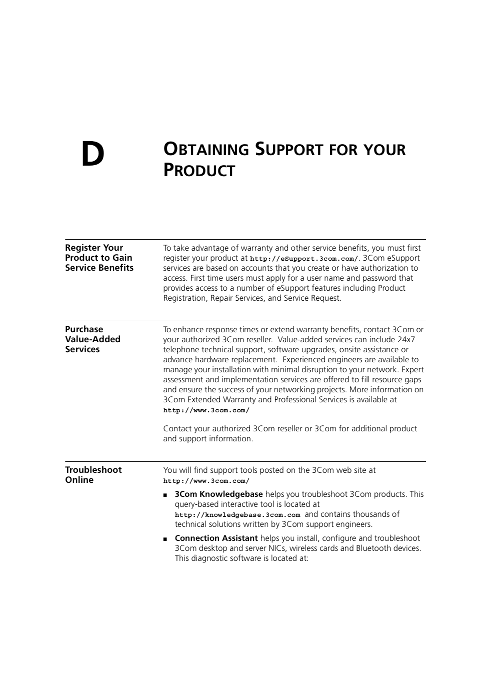 Obtaining support for your product, Register your product to gain service benefits, Purchase value-added services | Troubleshoot online, Btaining, Upport, Your, Roduct | 3Com 3CRWE754G72-A User Manual | Page 91 / 110