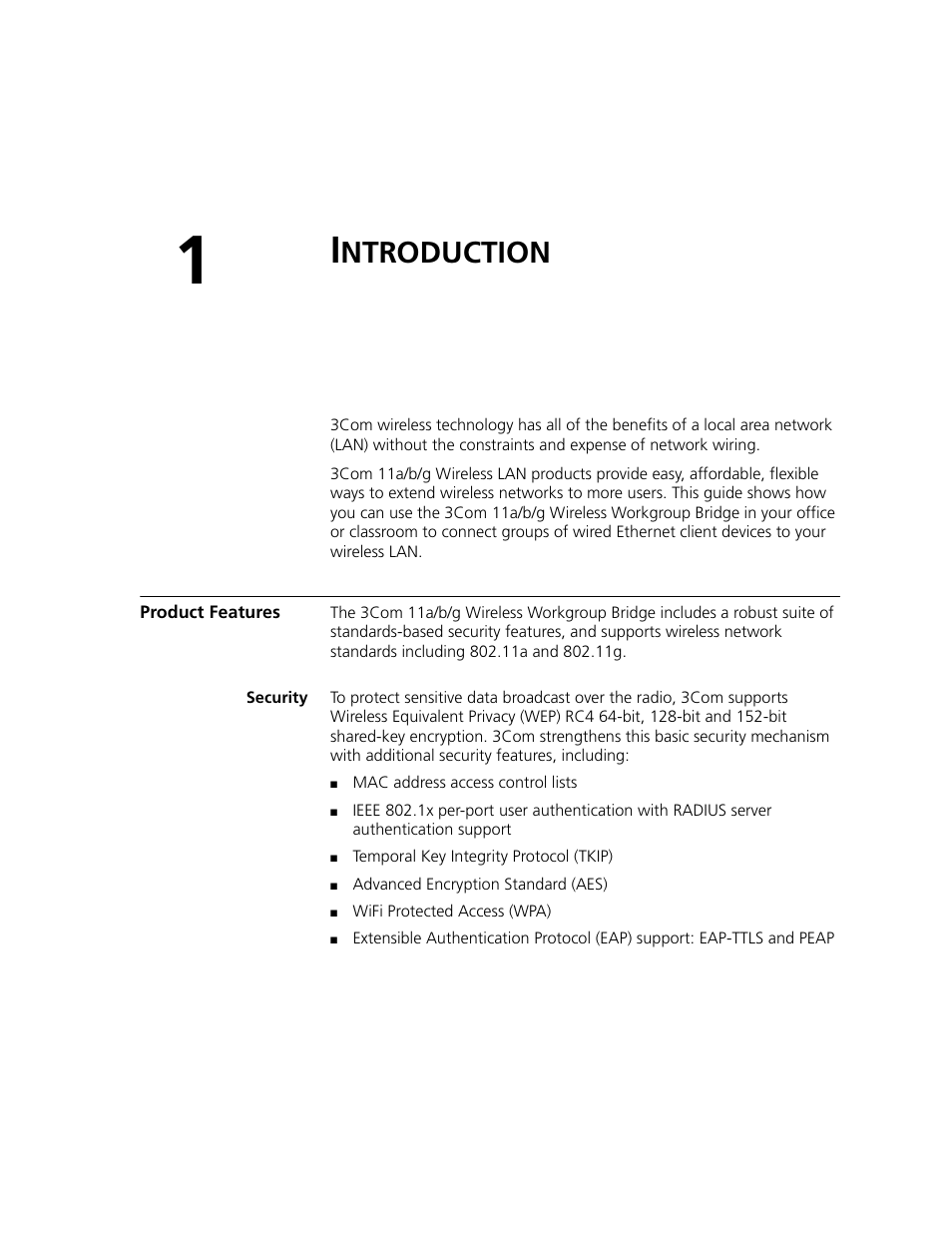 Introduction, Product features, Security | Ntroduction | 3Com WL-560 User Manual | Page 11 / 70