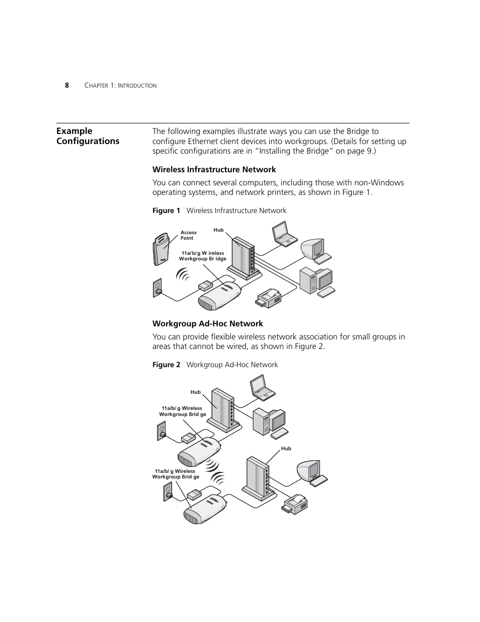 Example configurations, Wireless infrastructure network, Workgroup ad-hoc network | 3Com WL-560 User Manual | Page 14 / 70