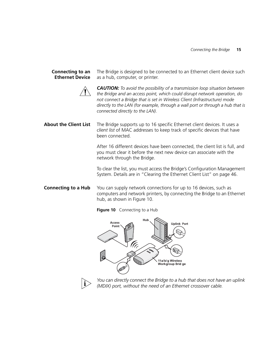 Connecting to an ethernet device, About the client list, Connecting to a hub | 3Com WL-560 User Manual | Page 21 / 70