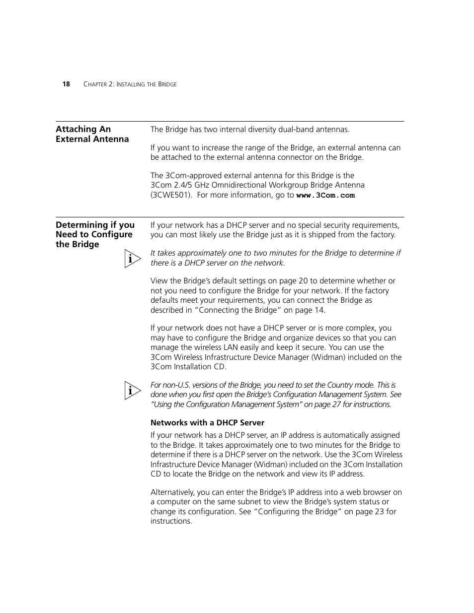 Attaching an external antenna, Determining if you need to configure the bridge, Networks with a dhcp server | 3Com WL-560 User Manual | Page 24 / 70