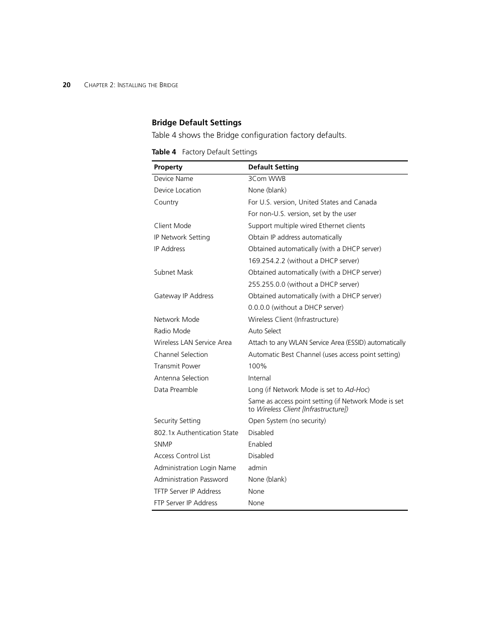 Bridge default settings | 3Com WL-560 User Manual | Page 26 / 70