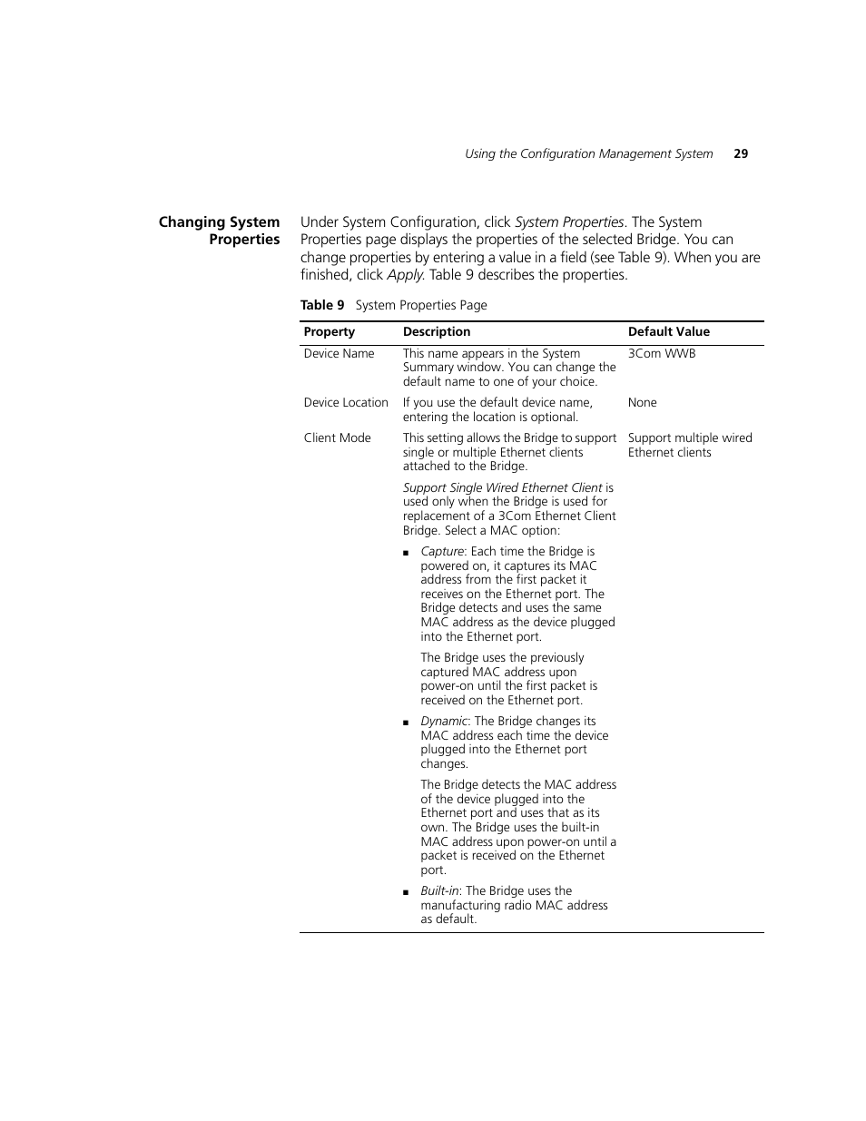 Changing system properties, Table 9 | 3Com WL-560 User Manual | Page 35 / 70