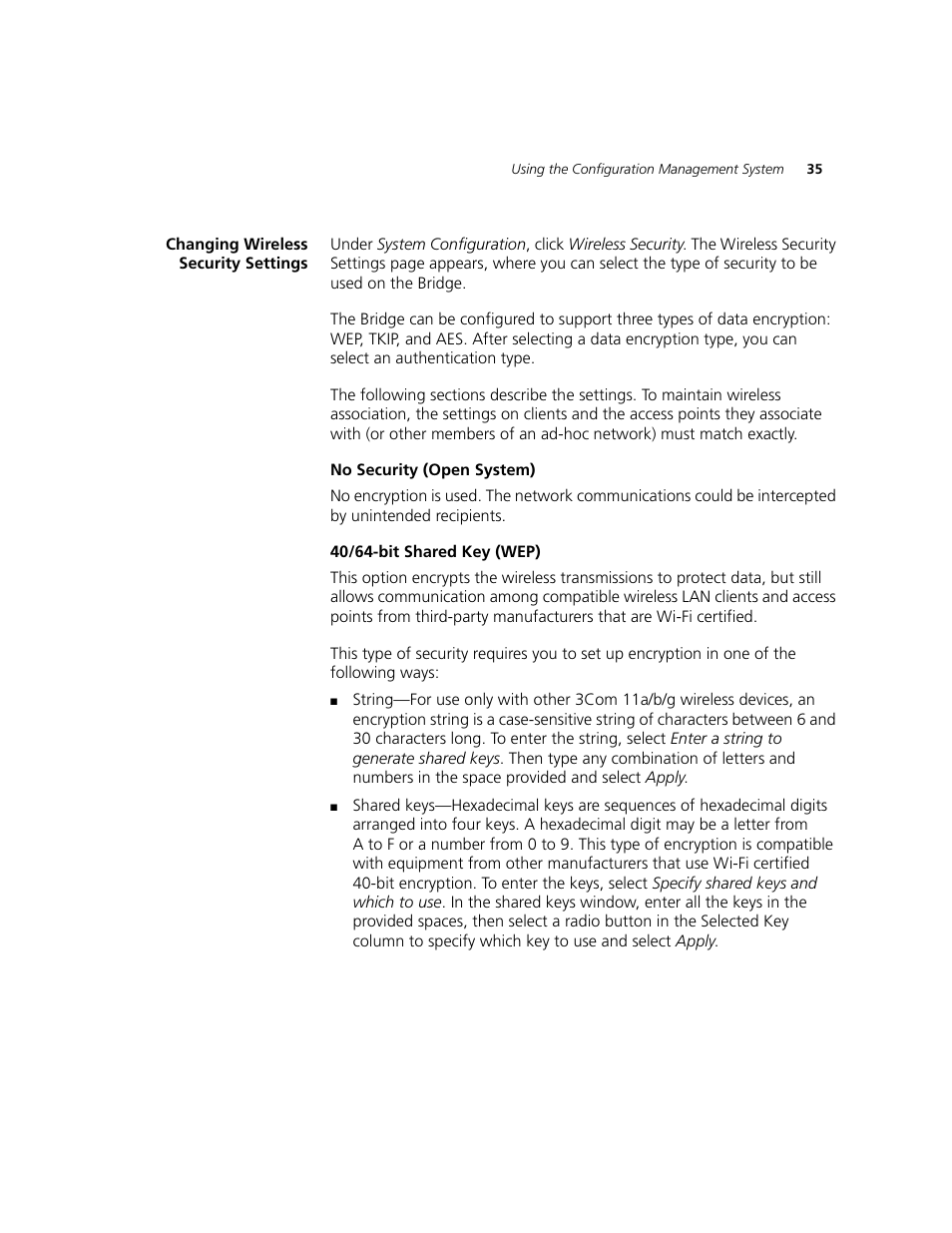 Changing wireless security settings, No security (open system), 40/64-bit sharedkey (wep) | 3Com WL-560 User Manual | Page 41 / 70