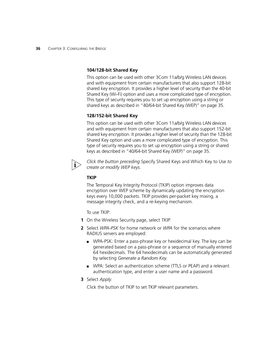104/128-bit sharedkey, 128/152-bit sharedkey, Tkip | 3Com WL-560 User Manual | Page 42 / 70