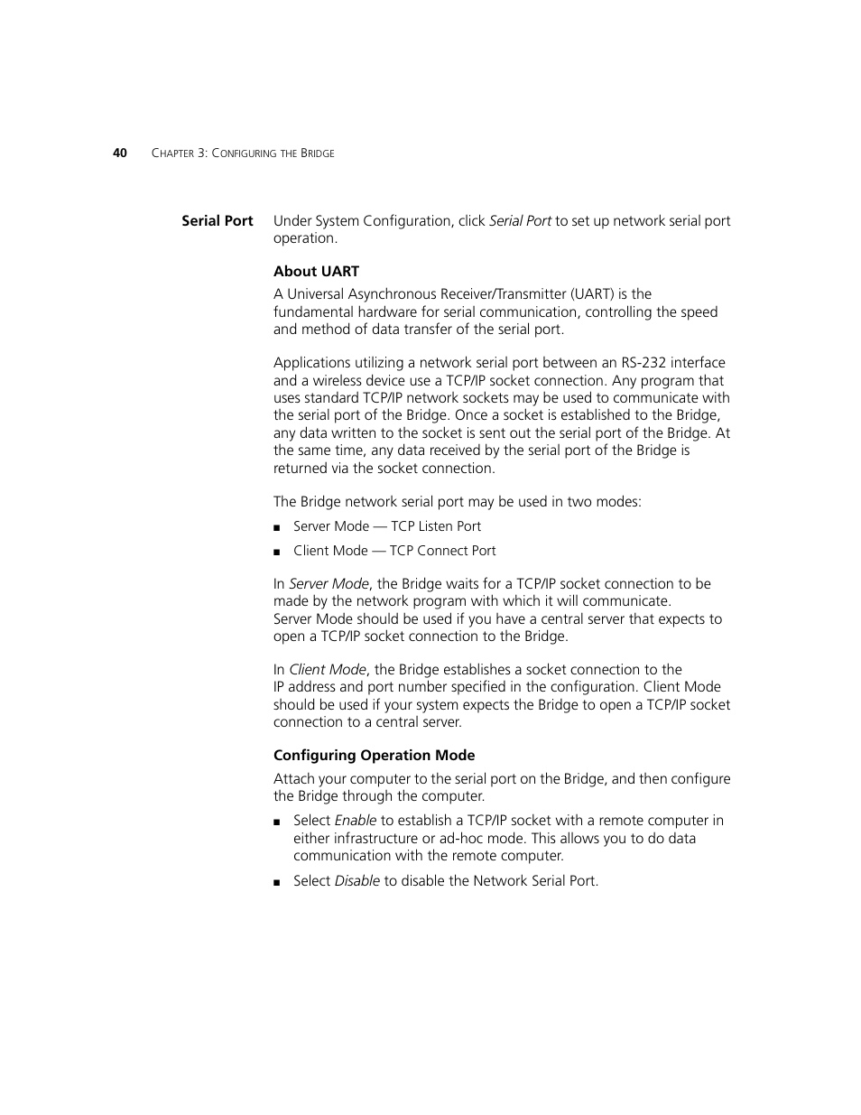 Serial port, About uart, Configuring operation mode | 3Com WL-560 User Manual | Page 46 / 70