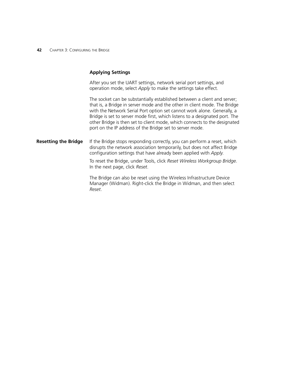 Applying settings, Resetting the bridge | 3Com WL-560 User Manual | Page 48 / 70