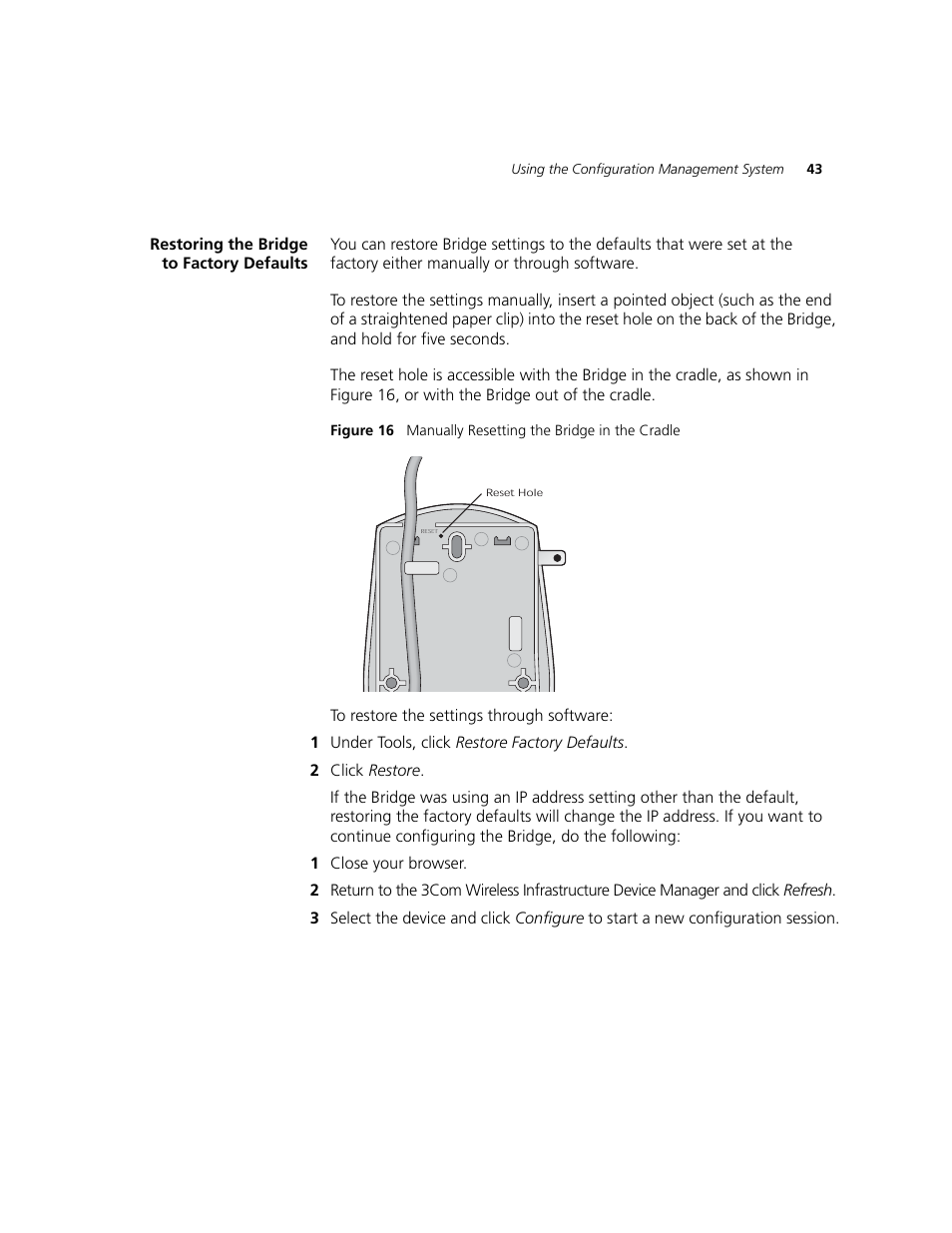 Restoring the bridge to factory defaults | 3Com WL-560 User Manual | Page 49 / 70