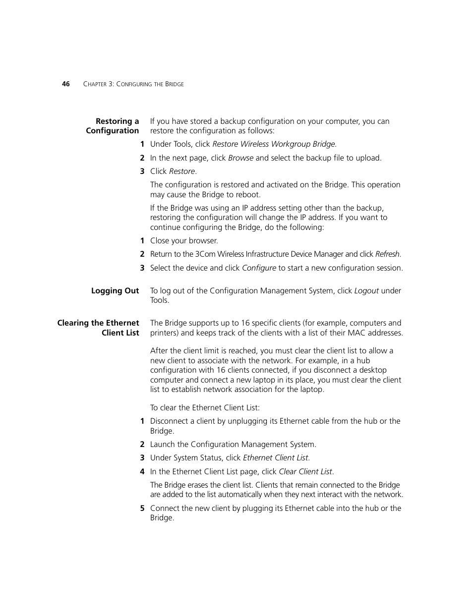 Restoring a configuration, Logging out, Clearing the ethernet client list | 3Com WL-560 User Manual | Page 52 / 70