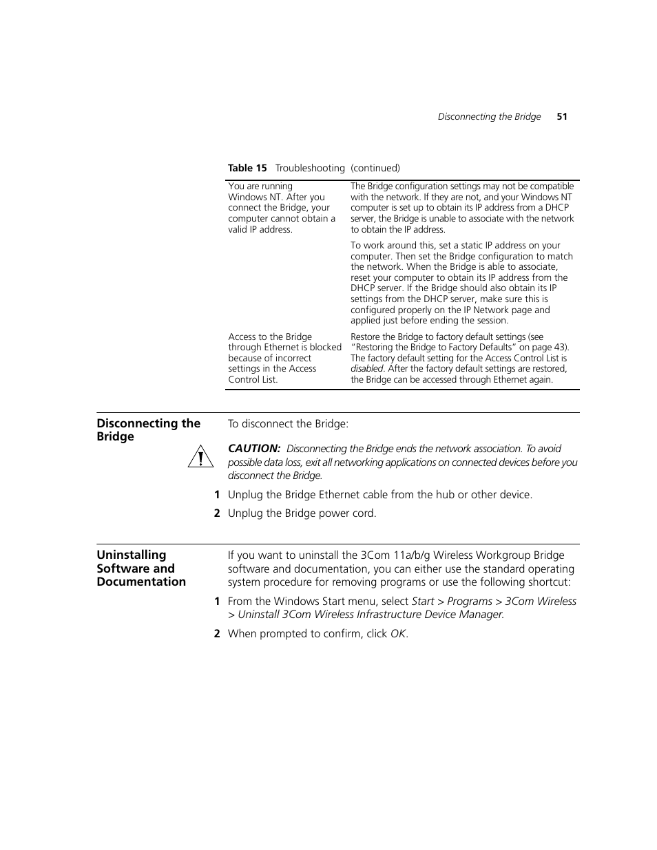 Disconnecting the bridge, Uninstalling software and documentation | 3Com WL-560 User Manual | Page 57 / 70