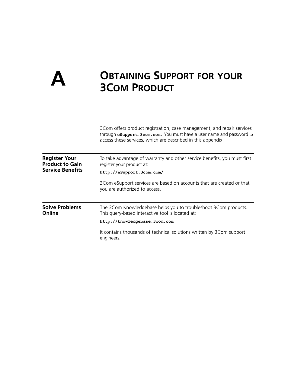 Obtaining support for your 3com product, Register your product to gain service benefits, Solve problems online | Btaining, Upport, Your, Roduct | 3Com WL-560 User Manual | Page 59 / 70