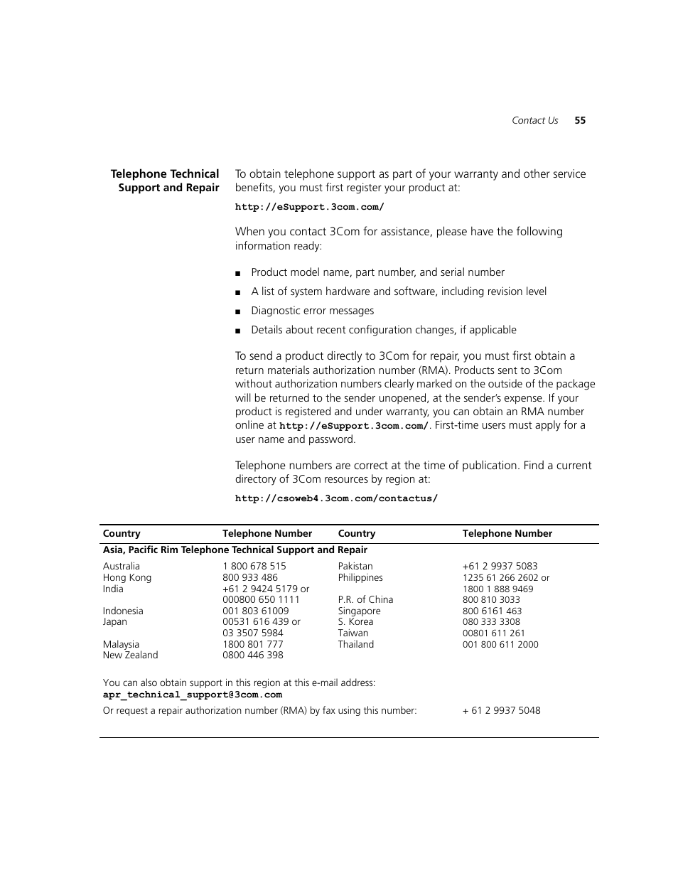 Telephone technical support and repair | 3Com WL-560 User Manual | Page 61 / 70