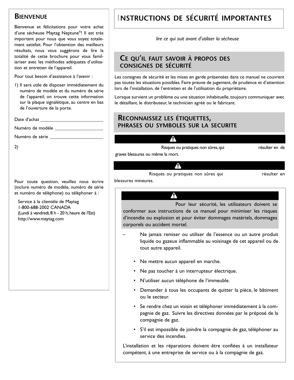 Nstructions de sécurité importantes, Avertissement, Attention | Maytage Neptune Dryer MD55 User Manual | Page 14 / 36