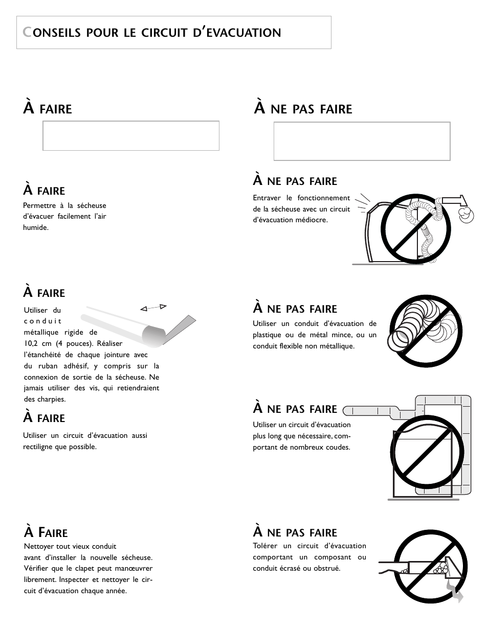 Faire, Ne pas faire, Onseils pour le circuit d | Evacuation | Maytage Neptune Dryer MD55 User Manual | Page 16 / 36