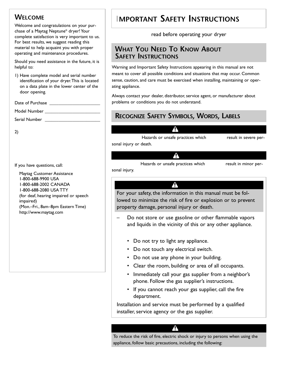 Mportant, Afety, Nstructions | Maytage Neptune Dryer MD55 User Manual | Page 2 / 36