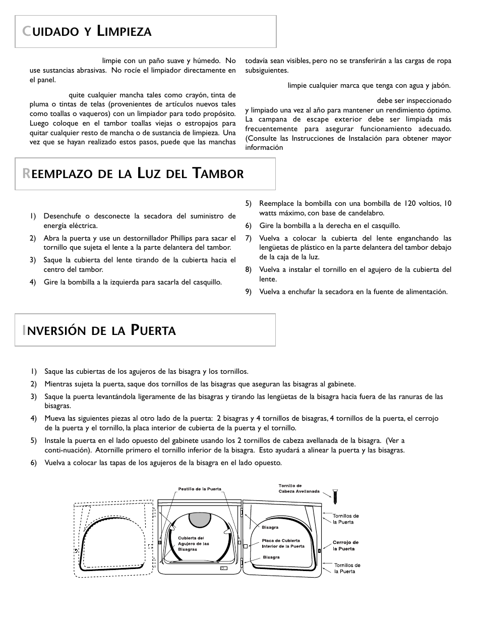 Uidado y, Impieza, Eemplazo de la | Uz del, Ambor, Nversión de la, Uerta | Maytage Neptune Dryer MD55 User Manual | Page 33 / 36
