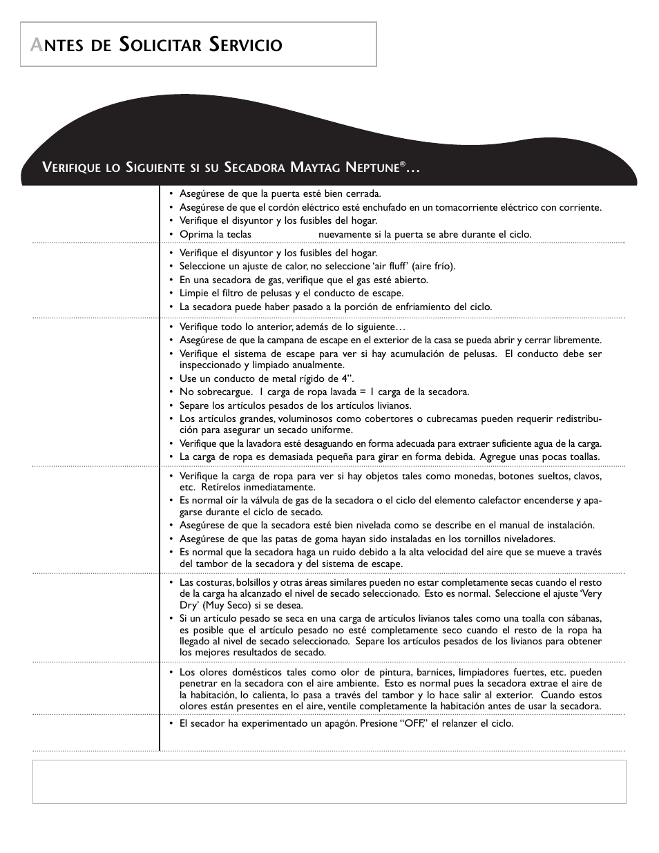 Ntes de, Olicitar, Ervicio | Maytage Neptune Dryer MD55 User Manual | Page 34 / 36