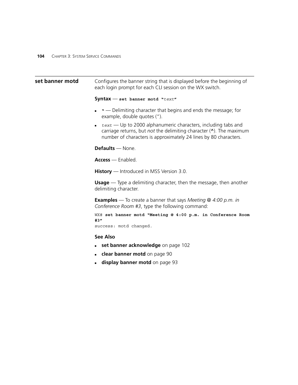 Set banner motd | 3Com WXR100 3CRWXR10095A User Manual | Page 104 / 800