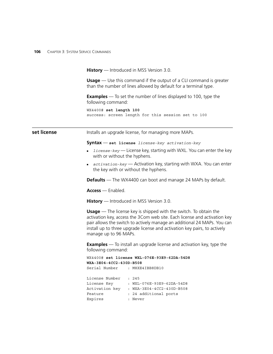 Set license | 3Com WXR100 3CRWXR10095A User Manual | Page 106 / 800