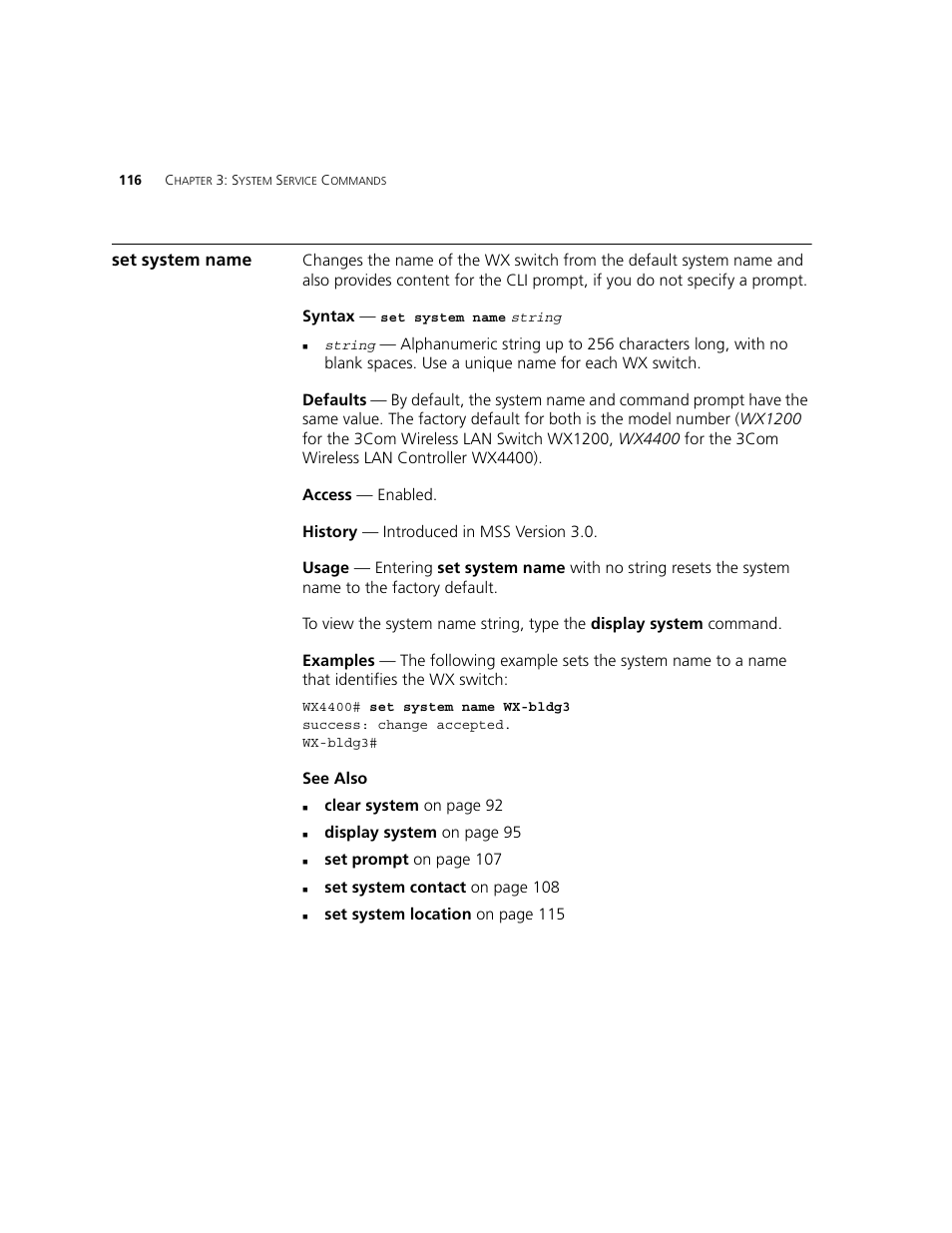 Set system name | 3Com WXR100 3CRWXR10095A User Manual | Page 116 / 800