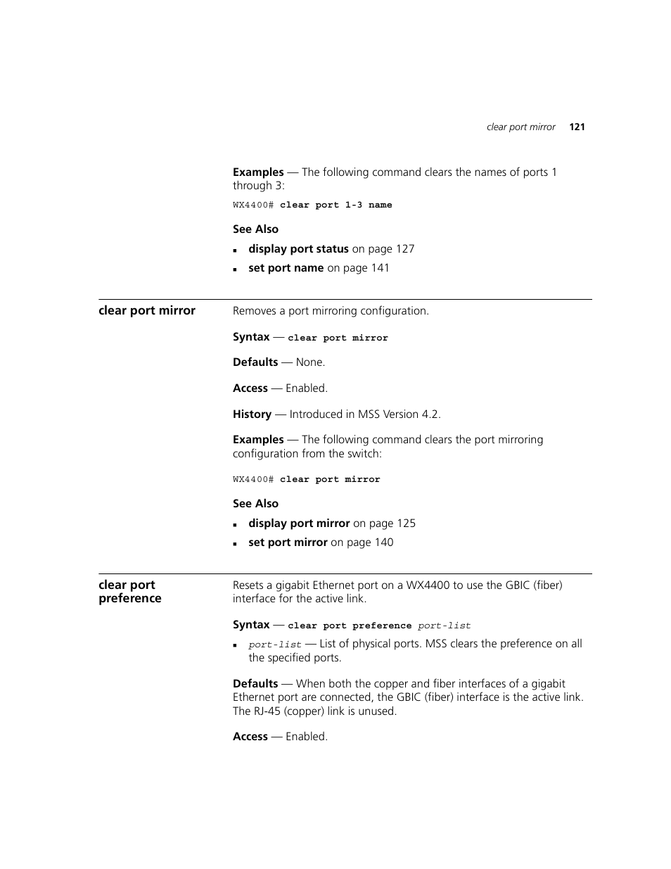 Clear port mirror, Clear port preference | 3Com WXR100 3CRWXR10095A User Manual | Page 121 / 800