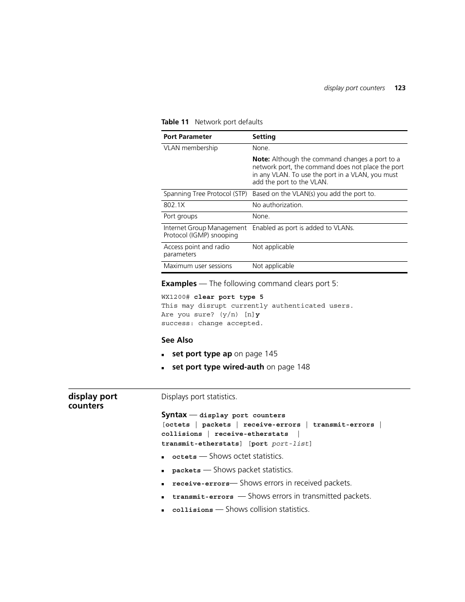 Display port counters | 3Com WXR100 3CRWXR10095A User Manual | Page 123 / 800