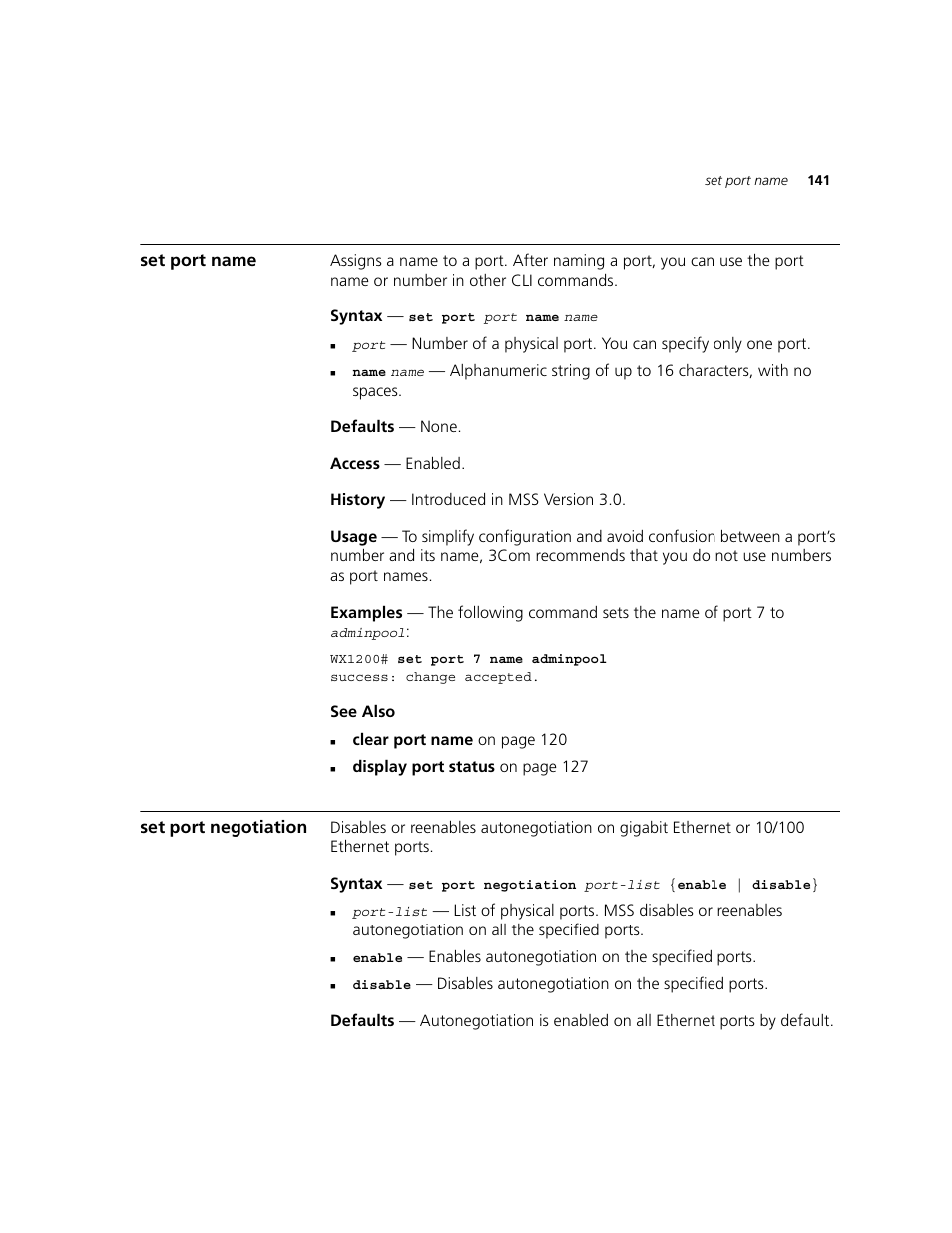 Set port name, Set port negotiation | 3Com WXR100 3CRWXR10095A User Manual | Page 141 / 800