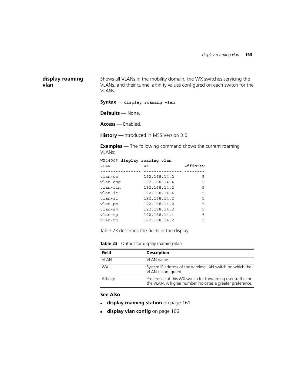 Display roaming vlan | 3Com WXR100 3CRWXR10095A User Manual | Page 163 / 800