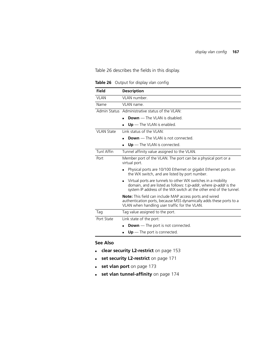 Clear security l2-restrict on page 153, Set security l2-restrict on page 171, Set vlan port on page 173 | Set vlan tunnel-affinity on page 174 | 3Com WXR100 3CRWXR10095A User Manual | Page 167 / 800