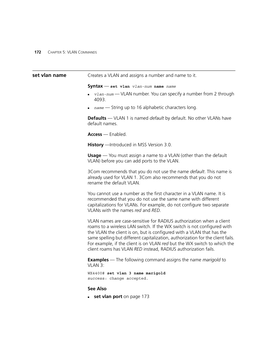 Set vlan name | 3Com WXR100 3CRWXR10095A User Manual | Page 172 / 800