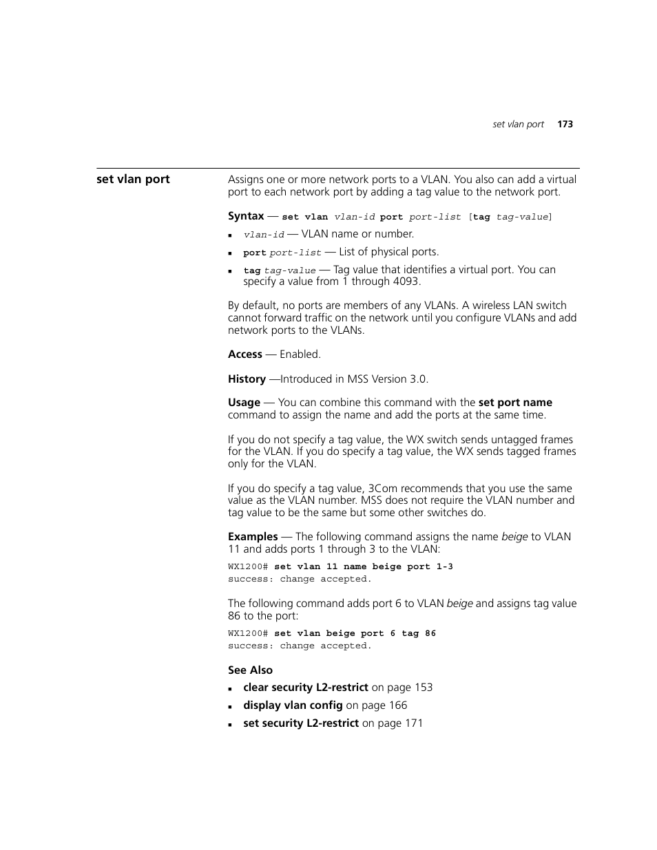 Set vlan port | 3Com WXR100 3CRWXR10095A User Manual | Page 173 / 800
