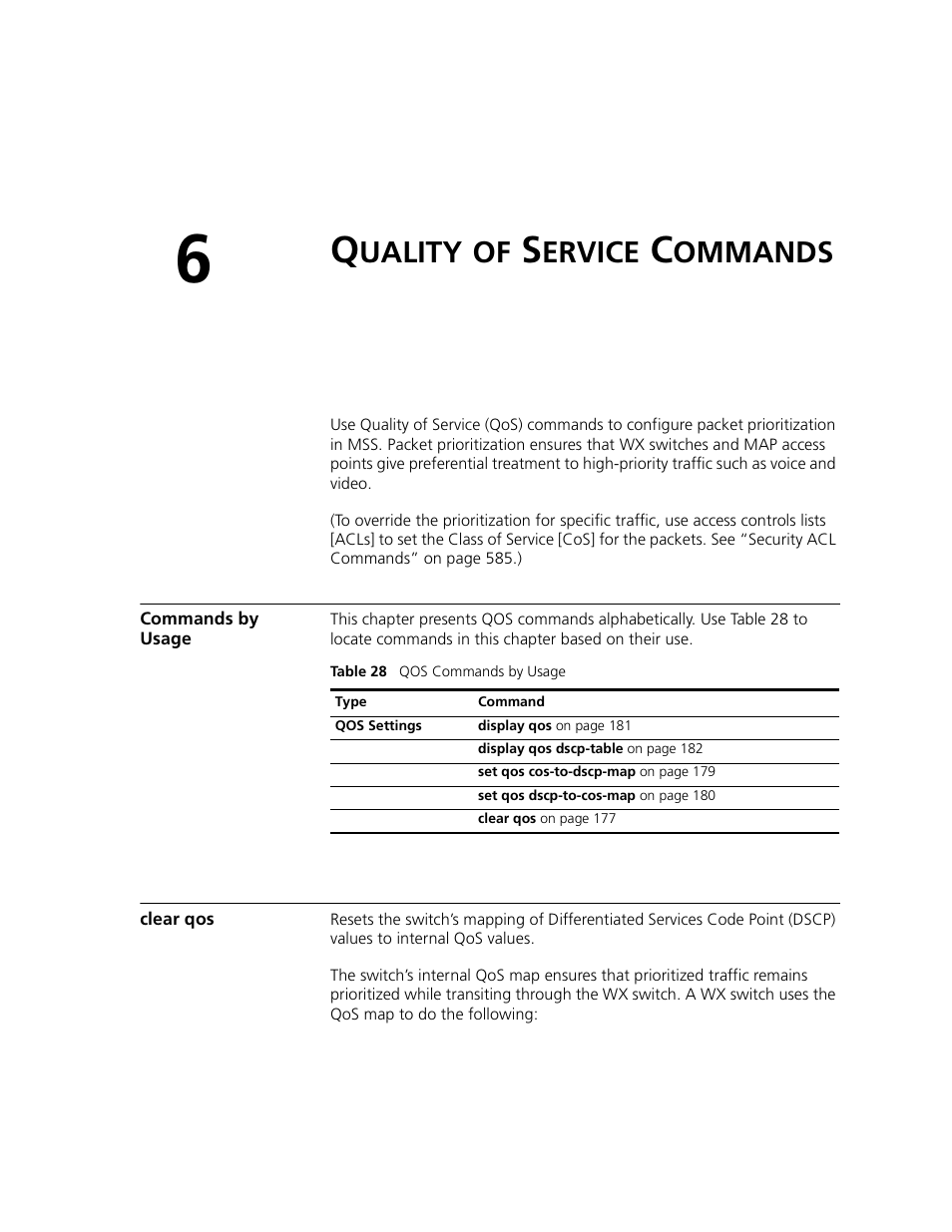 Quality of service commands, Commands by usage, Clear qos | Uality, Ervice, Ommands | 3Com WXR100 3CRWXR10095A User Manual | Page 177 / 800