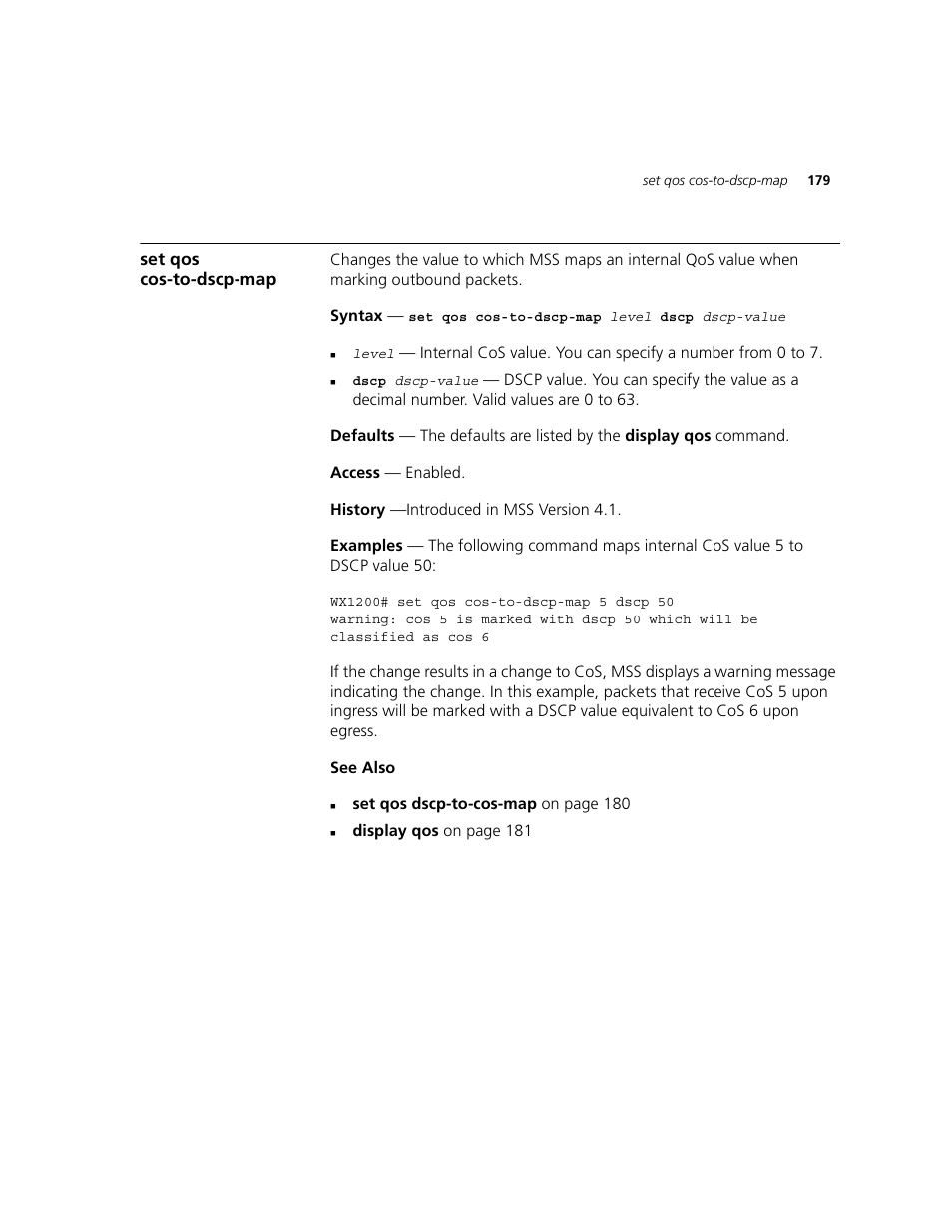 Set qos cos-to-dscp-map | 3Com WXR100 3CRWXR10095A User Manual | Page 179 / 800