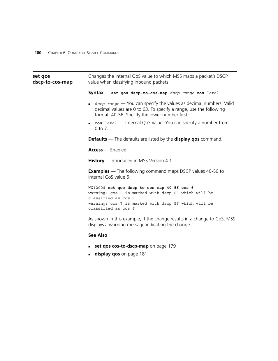 Set qos dscp-to-cos-map | 3Com WXR100 3CRWXR10095A User Manual | Page 180 / 800