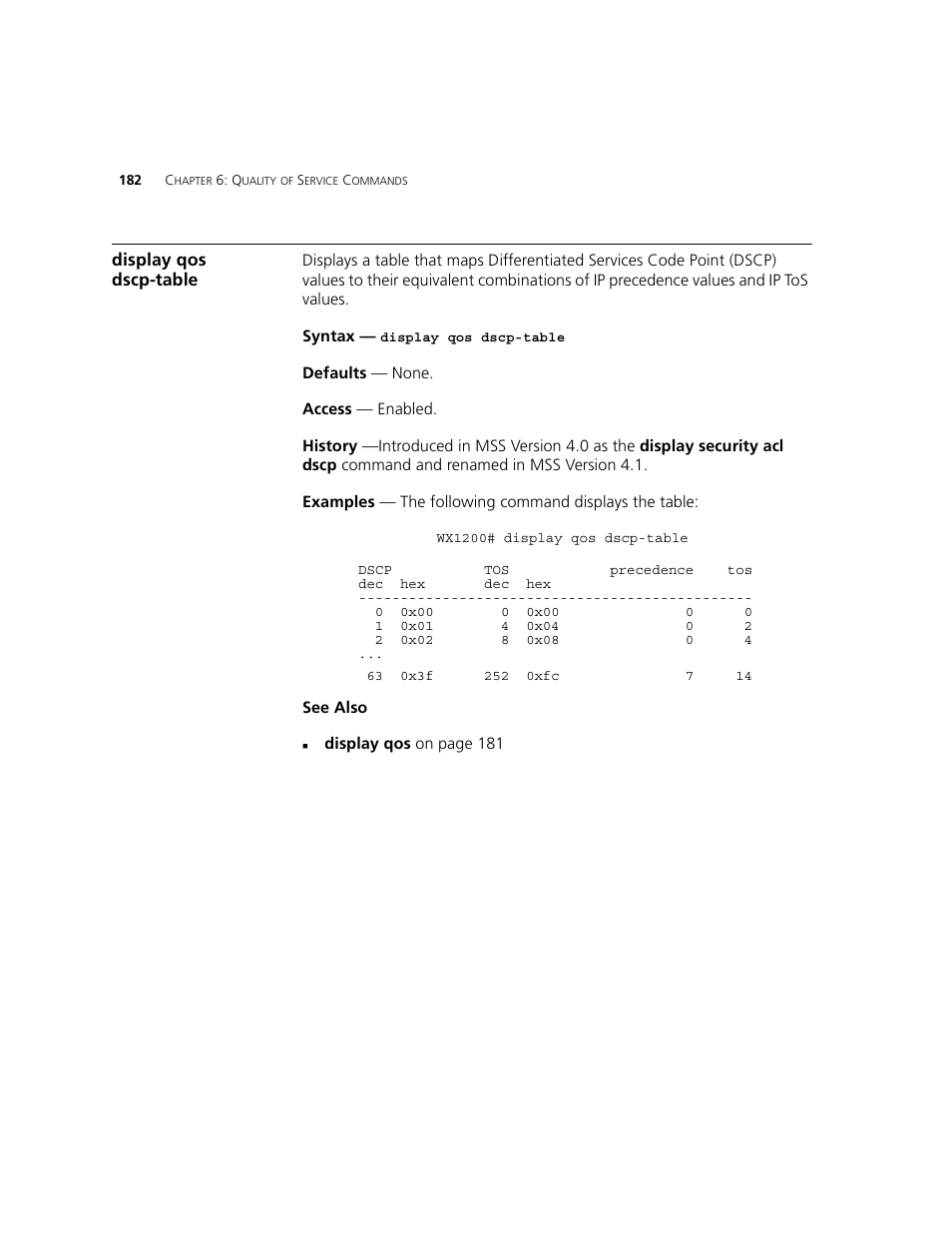 Display qos dscp-table | 3Com WXR100 3CRWXR10095A User Manual | Page 182 / 800