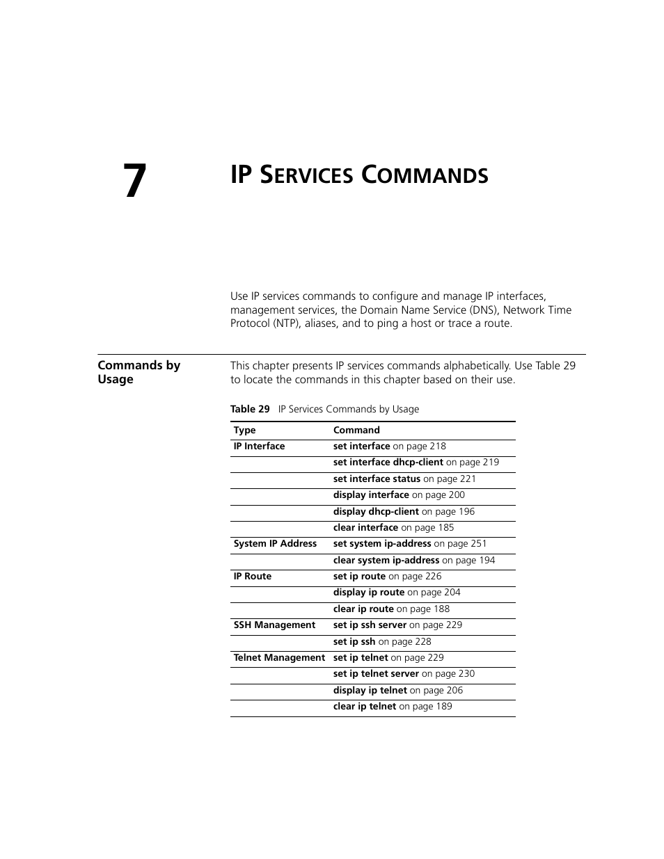 Ip services commands, Commands by usage, Ip s | Ervices, Ommands | 3Com WXR100 3CRWXR10095A User Manual | Page 183 / 800