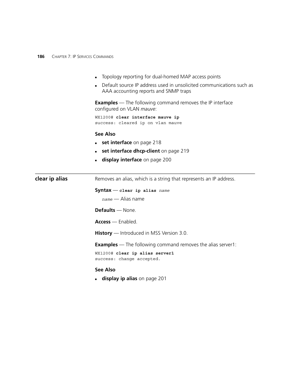 Clear ip alias | 3Com WXR100 3CRWXR10095A User Manual | Page 186 / 800