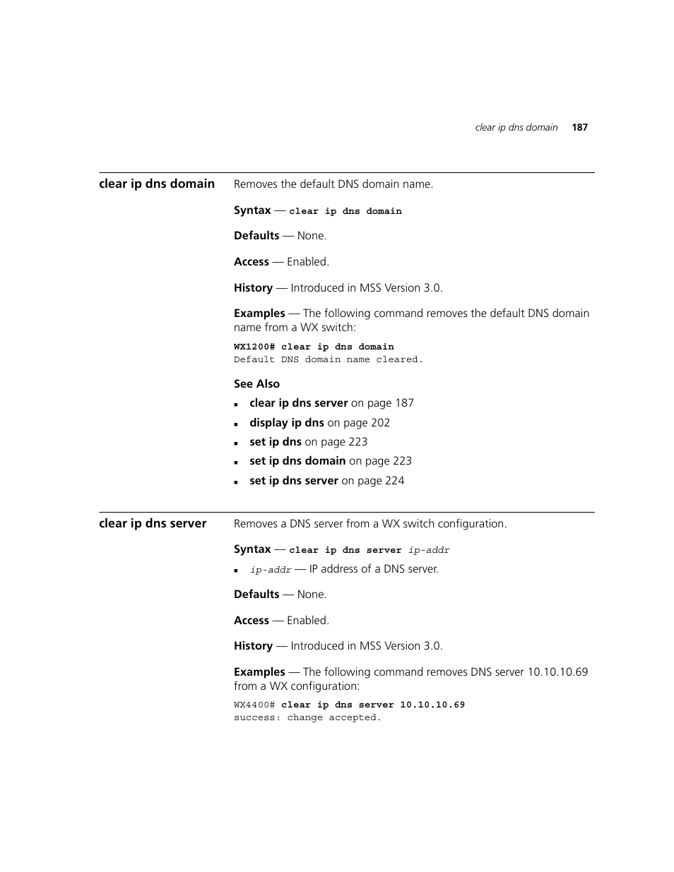 Clear ip dns domain, Clear ip dns server | 3Com WXR100 3CRWXR10095A User Manual | Page 187 / 800