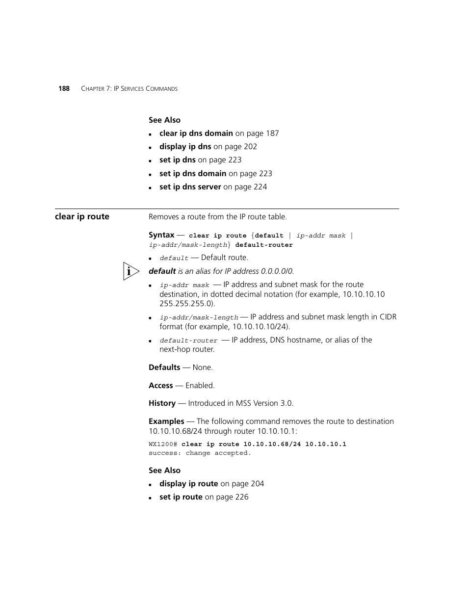 Clear ip route | 3Com WXR100 3CRWXR10095A User Manual | Page 188 / 800