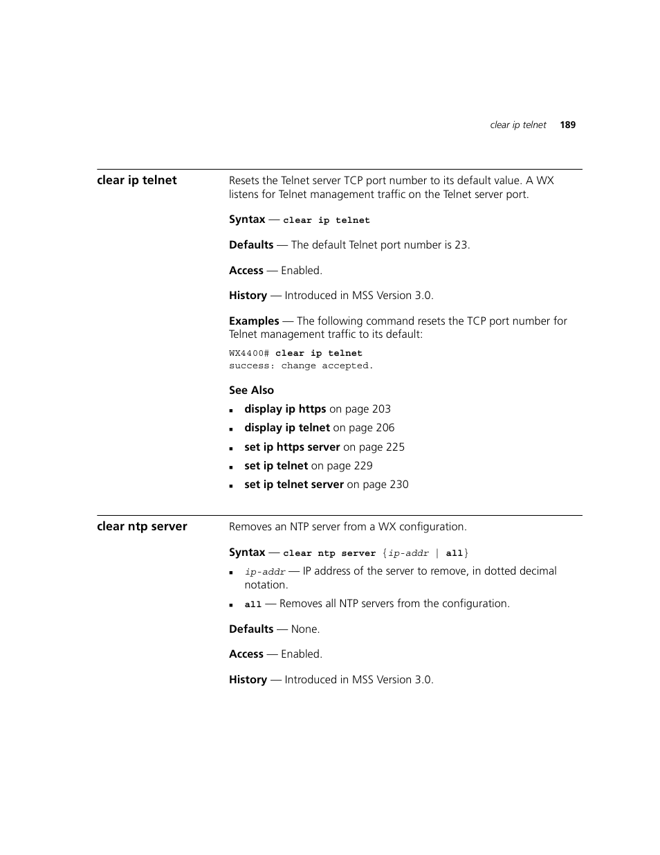 Clear ip telnet, Clear ntp server | 3Com WXR100 3CRWXR10095A User Manual | Page 189 / 800