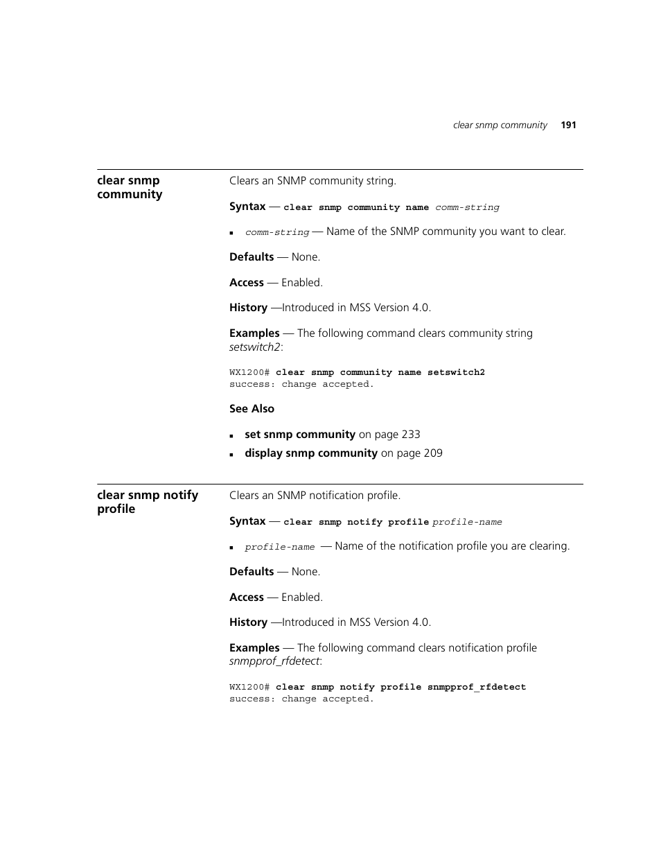 Clear snmp community, Clear snmp notify profile | 3Com WXR100 3CRWXR10095A User Manual | Page 191 / 800