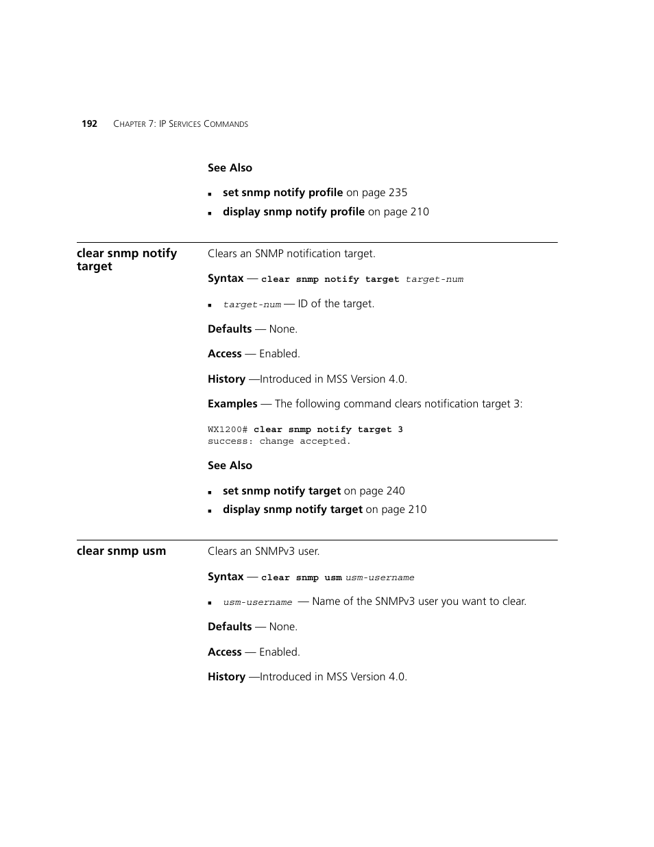 Clear snmp notify target, Clear snmp usm | 3Com WXR100 3CRWXR10095A User Manual | Page 192 / 800
