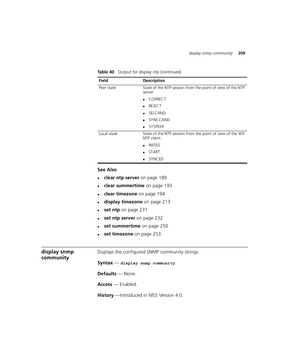 Display snmp community, See also, Clear ntp server on page 189 | Clear summertime on page 193, Clear timezone on page 194, Display timezone on page 213, Set ntp on page 231, Set ntp server on page 232, Set summertime on page 250, Set timezone on page 253 | 3Com WXR100 3CRWXR10095A User Manual | Page 209 / 800