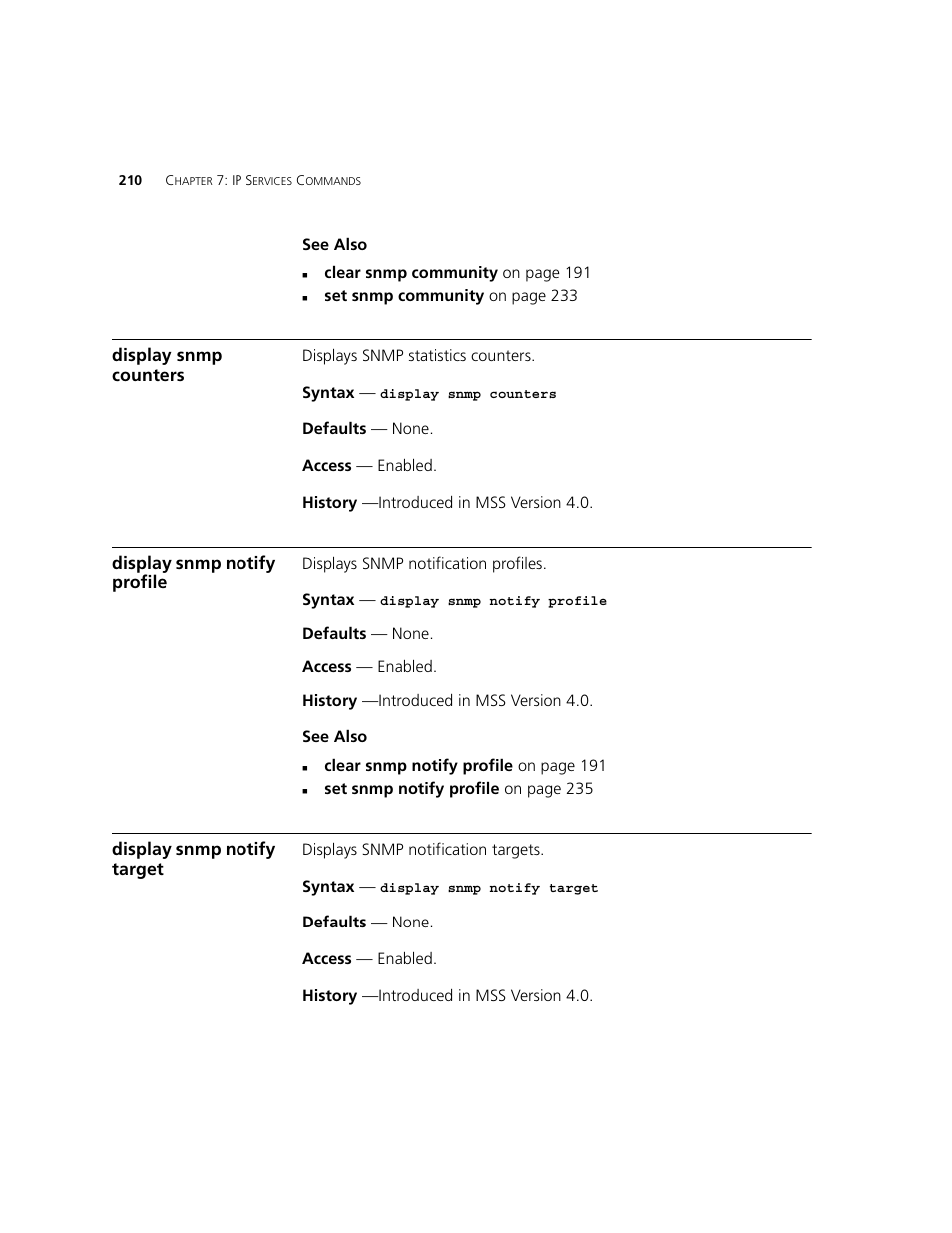 Display snmp counters, Display snmp notify profile, Display snmp notify target | 3Com WXR100 3CRWXR10095A User Manual | Page 210 / 800