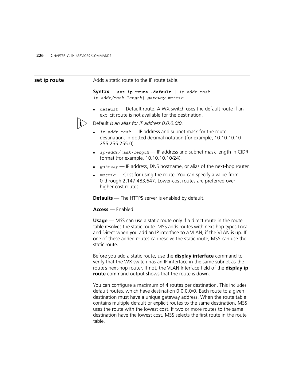 Set ip route | 3Com WXR100 3CRWXR10095A User Manual | Page 226 / 800