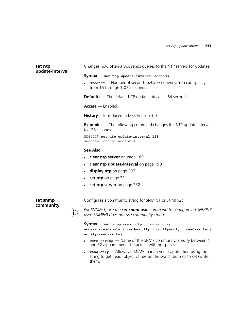 Set ntp update-interval, Set snmp community | 3Com WXR100 3CRWXR10095A User Manual | Page 233 / 800