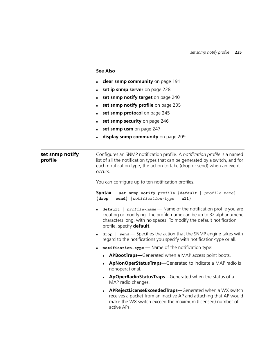 Set snmp notify profile | 3Com WXR100 3CRWXR10095A User Manual | Page 235 / 800